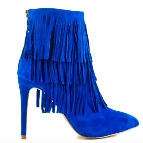 Steve Madden Cobalt Blue Suede Fringe Stiletto Booties Size 10 - Picture 3 of 11